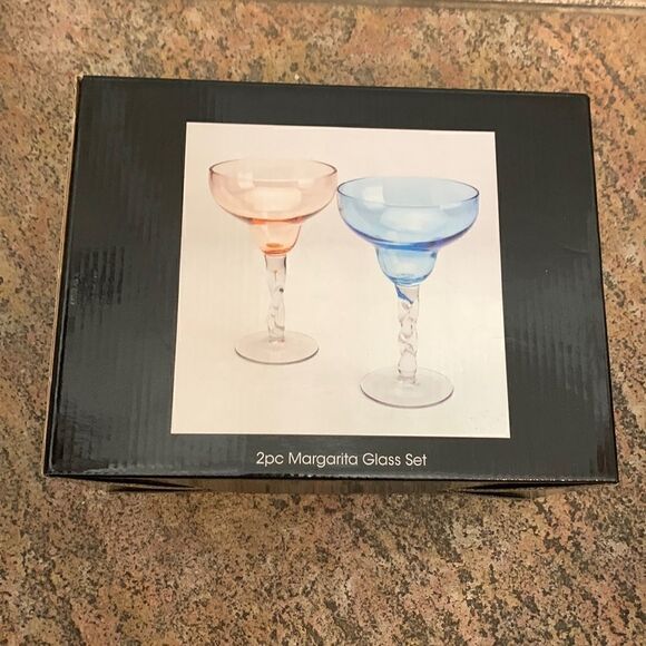 Other - Margarita Glass 2 Piece Set Pink Blue Twisted Stem Design 10 Ounces Each New